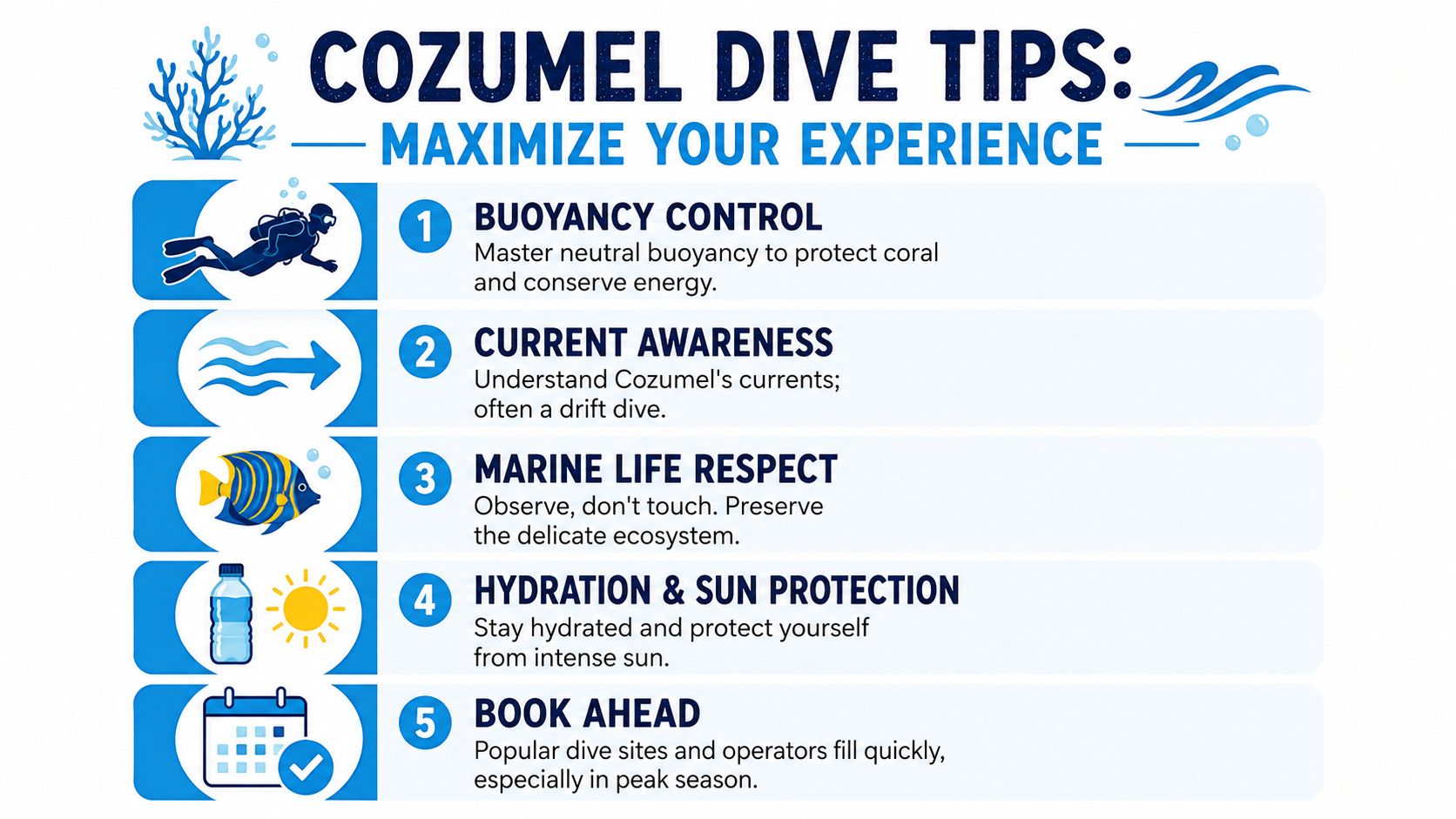 An infographic detailing five essential tips for diving in Cozumel, including safety and environmental protection guidelines.