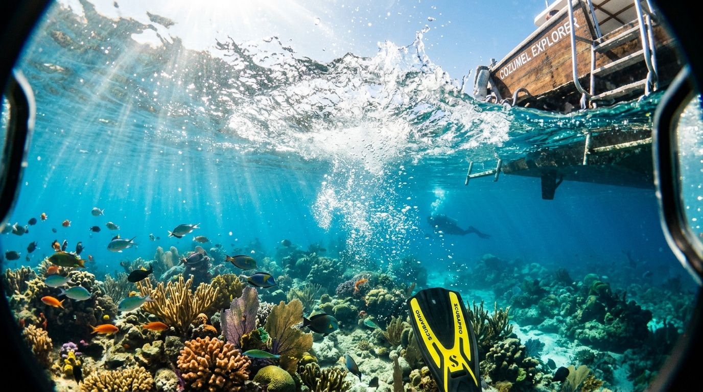 A diver's view of a coral reef with colorful fish swimming beneath the Cozumel Explorer dive boat.