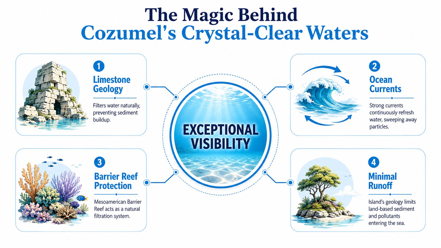 An infographic explaining the four natural factors that create exceptional underwater visibility in Cozumel, Mexico.