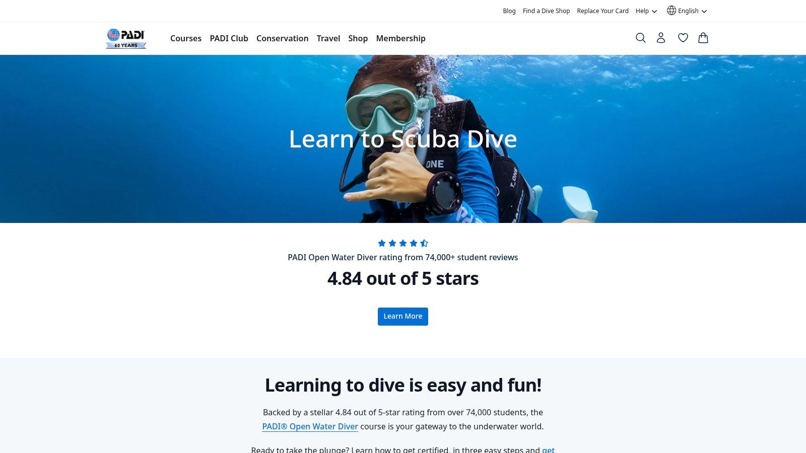 Screenshot from https://store.padi.com/en-us/education/learn-to-dive/