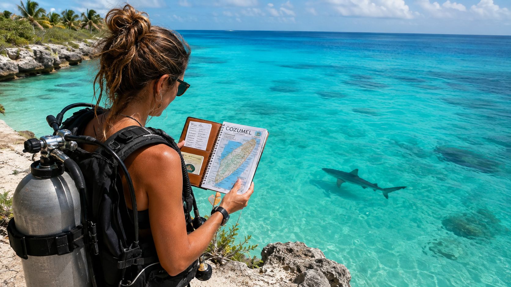A scuba diver holds a map of Cozumel while a shark swims in the clear turquoise water nearby.