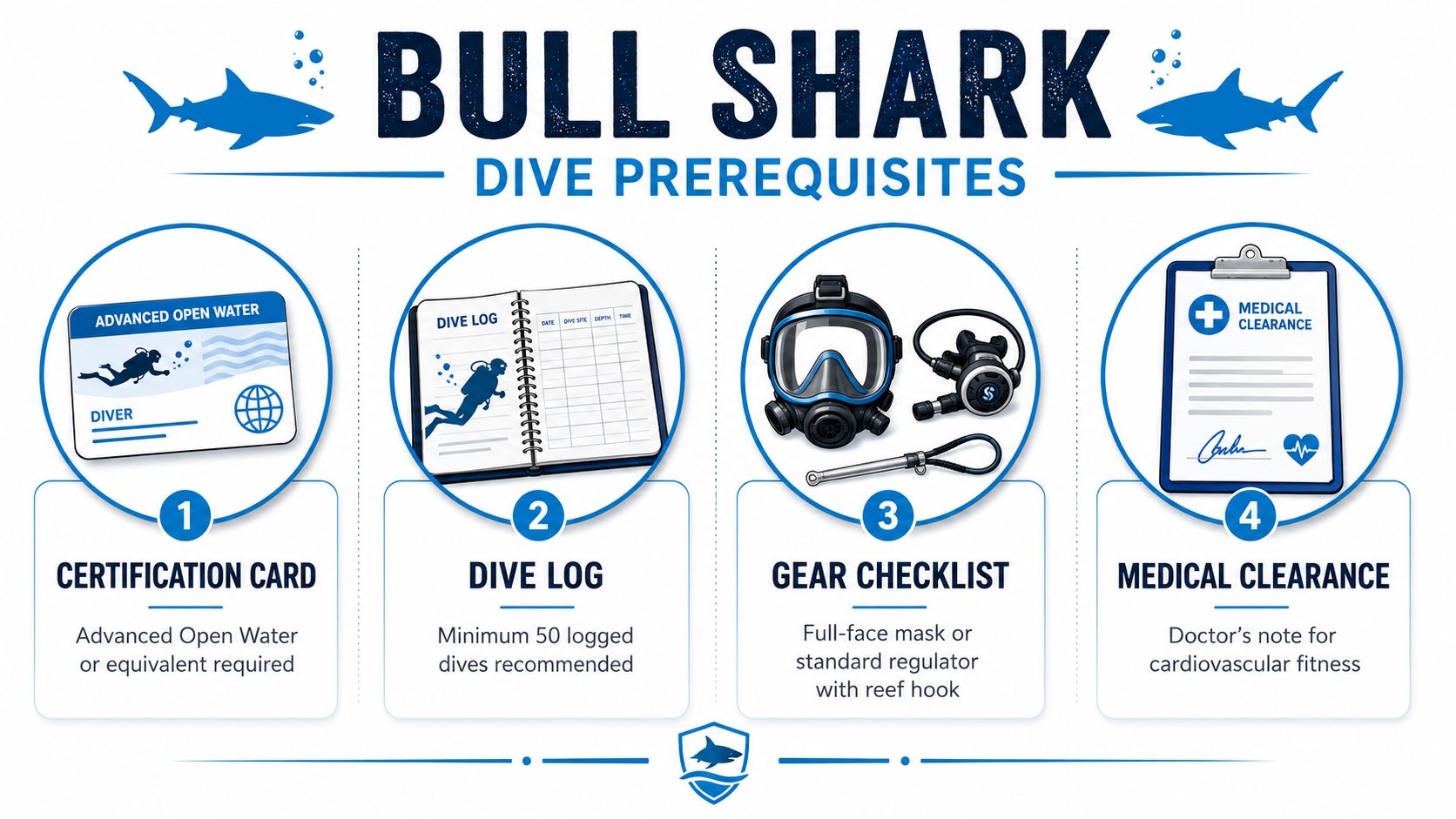 A visual guide outlining four prerequisites for bull shark diving, including certification, experience, gear, and medical clearance.