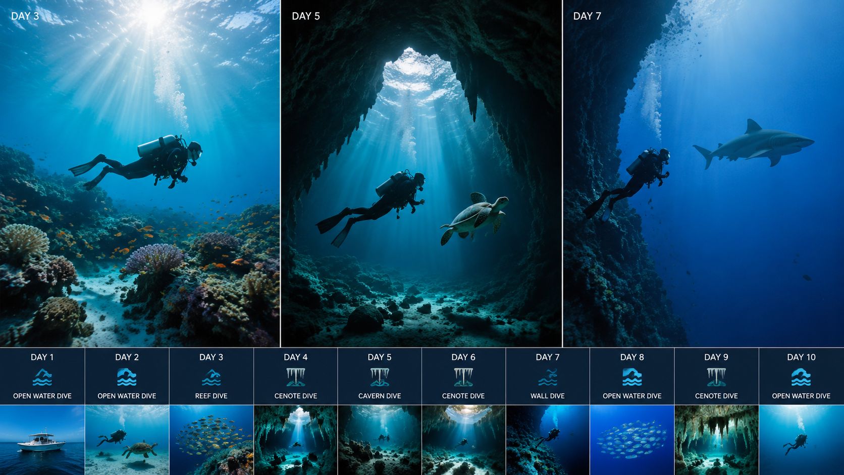 An itinerary graphic showing underwater photography of scuba diving experiences across ten days in clear blue water.