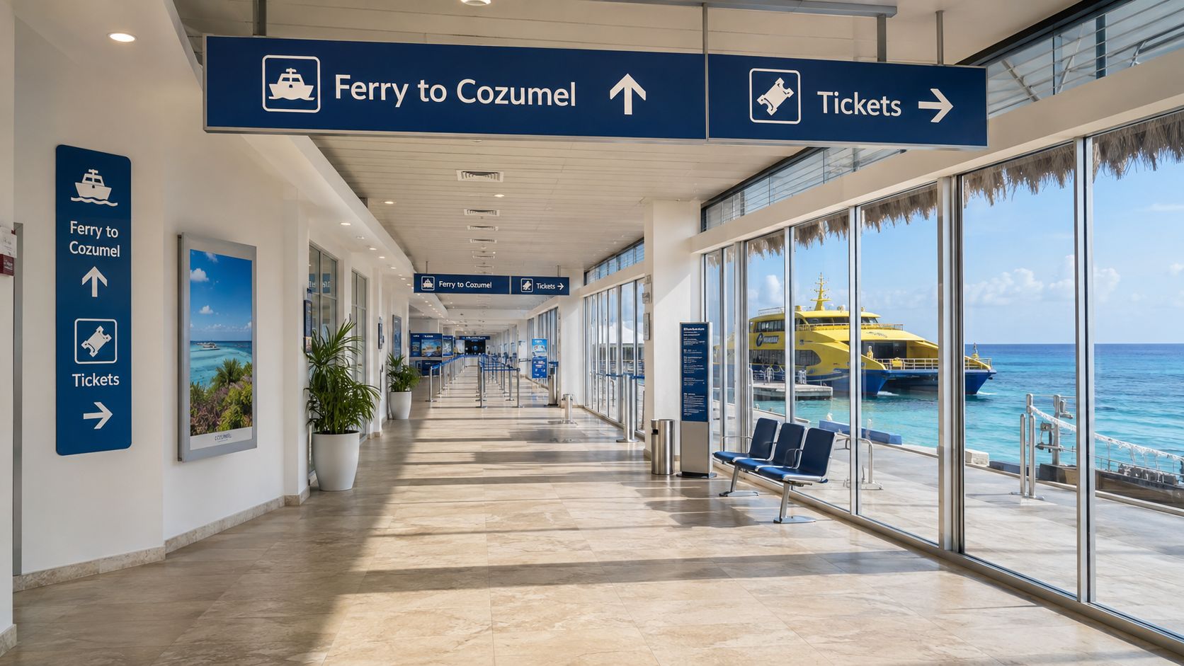 A modern, bright indoor ferry terminal hallway with signs pointing toward Cozumel and ticket counters near ocean views.