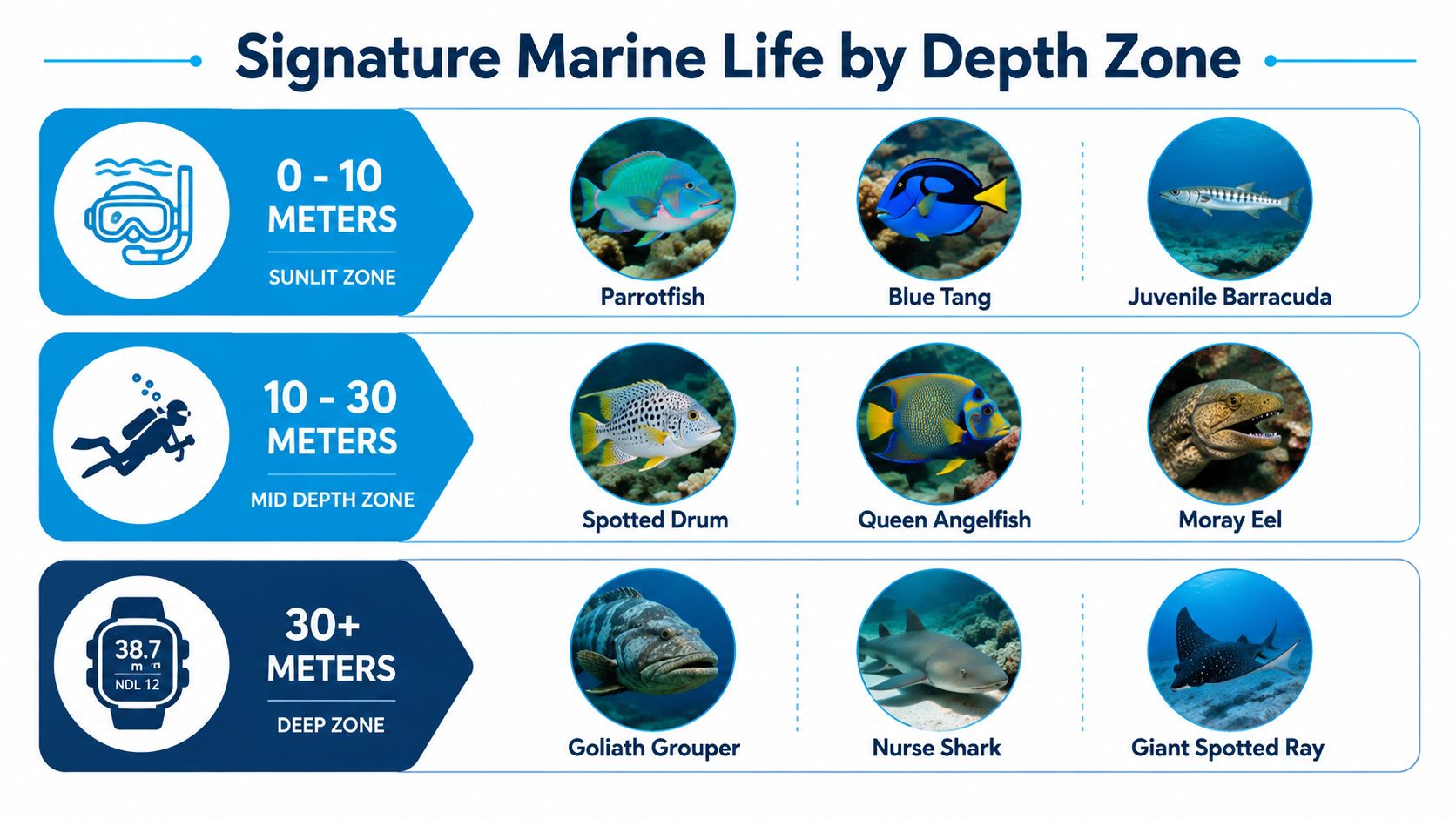An infographic illustrating various marine species found at different depth levels in the ocean.