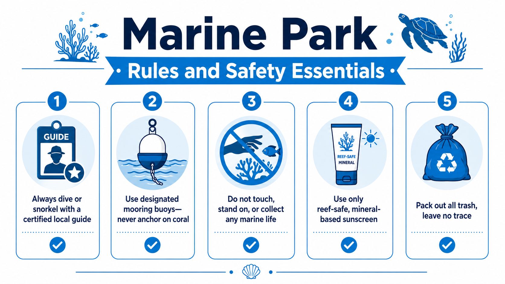 An infographic titled Marine Park Rules and Safety Essentials showing five simple icons and instructions for snorkeling.