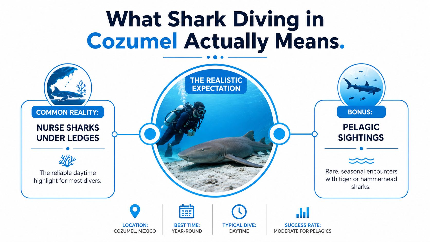 An infographic detailing shark diving expectations in Cozumel, Mexico, featuring nurse sharks and occasional pelagic sightings.