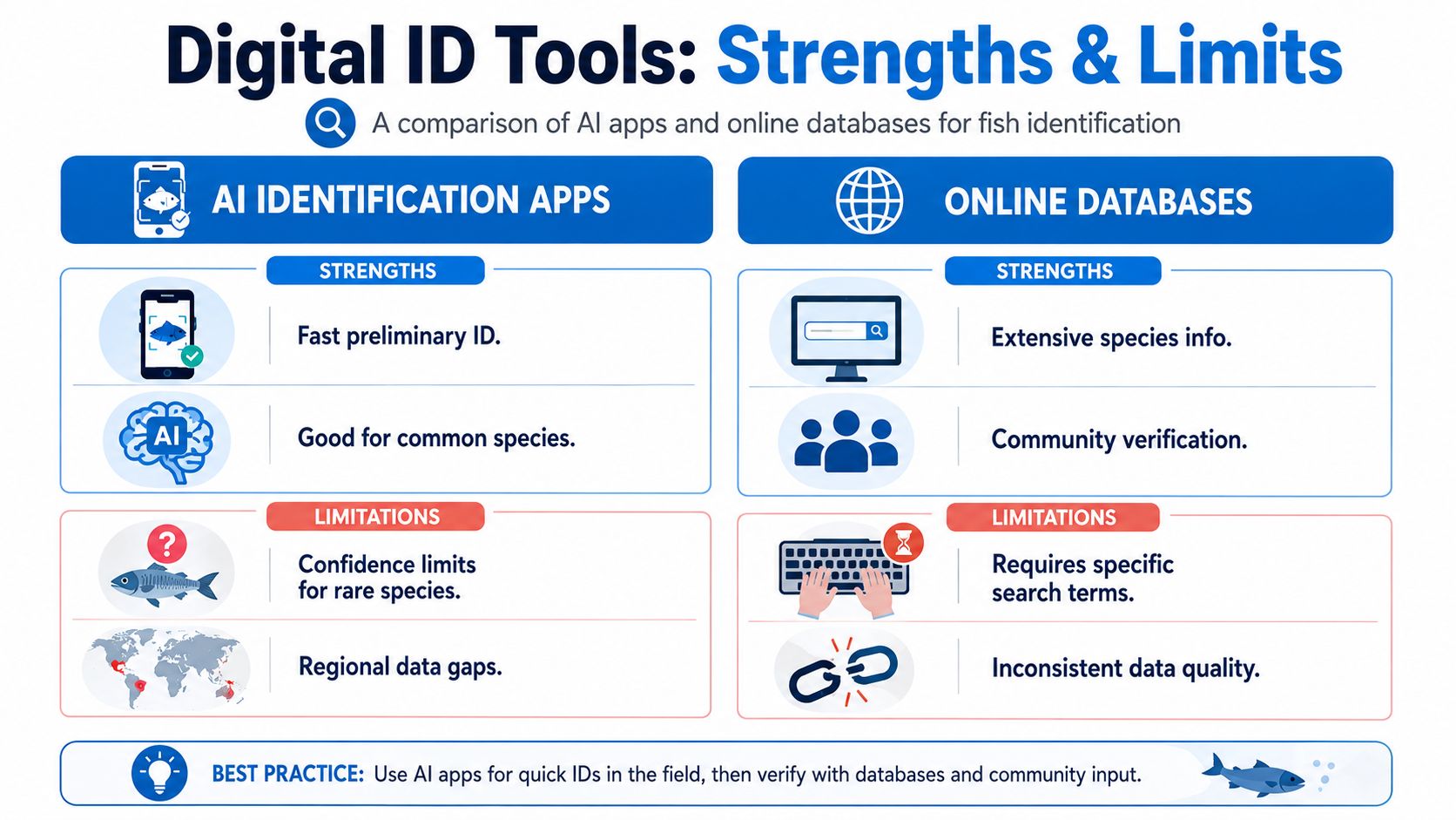 An infographic comparing the strengths and limitations of using AI identification apps versus online databases for fish identification.