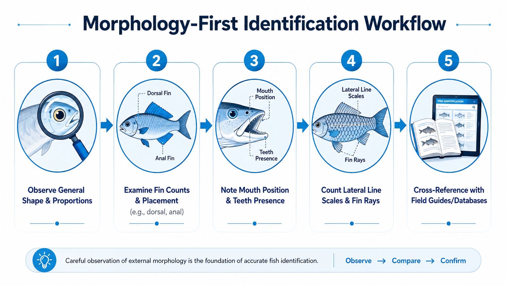 An infographic showing the five-step process for identifying fish species using morphological features and field guides.