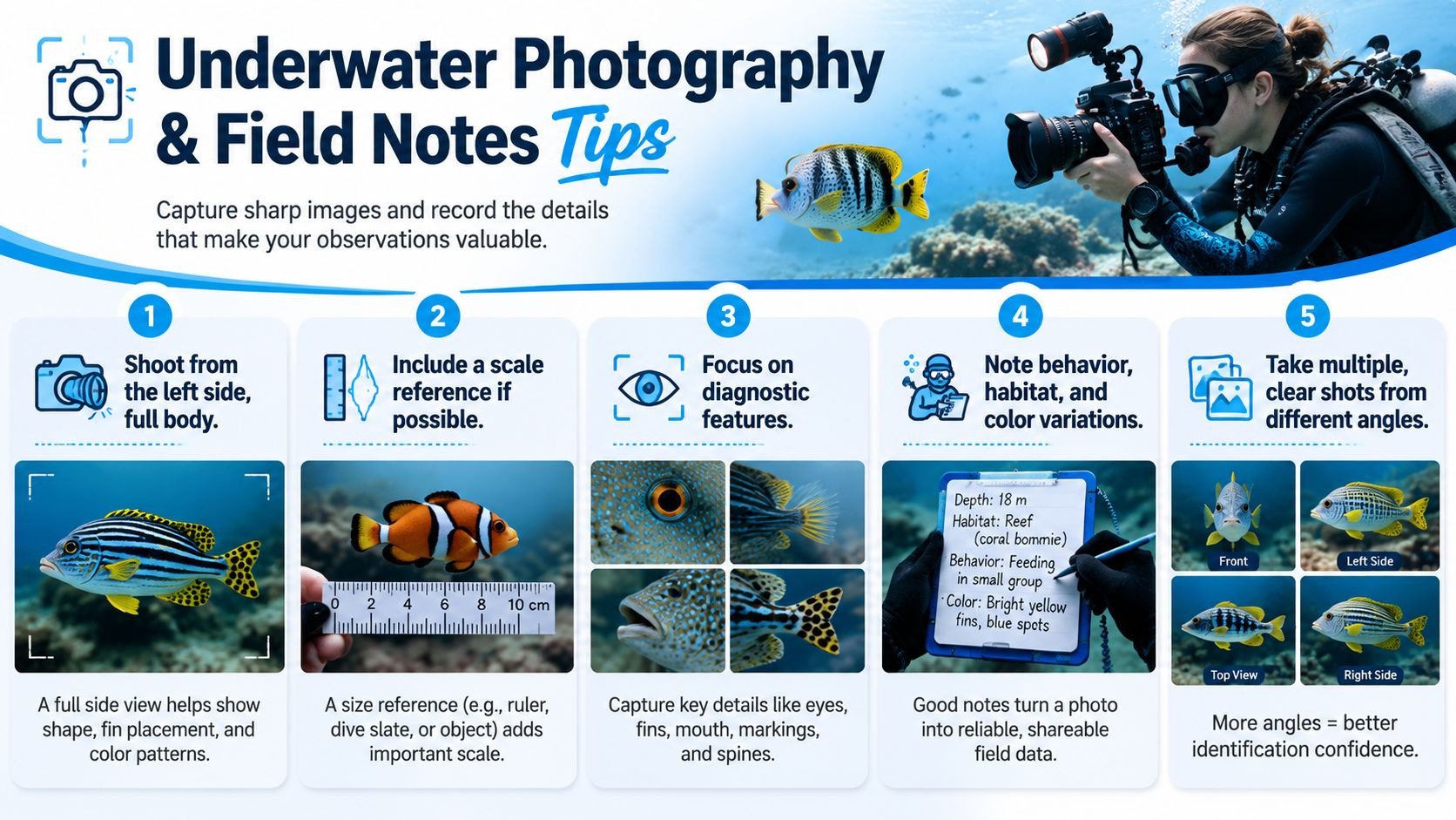 An infographic showing five essential tips for underwater photography to assist in tropical fish identification.