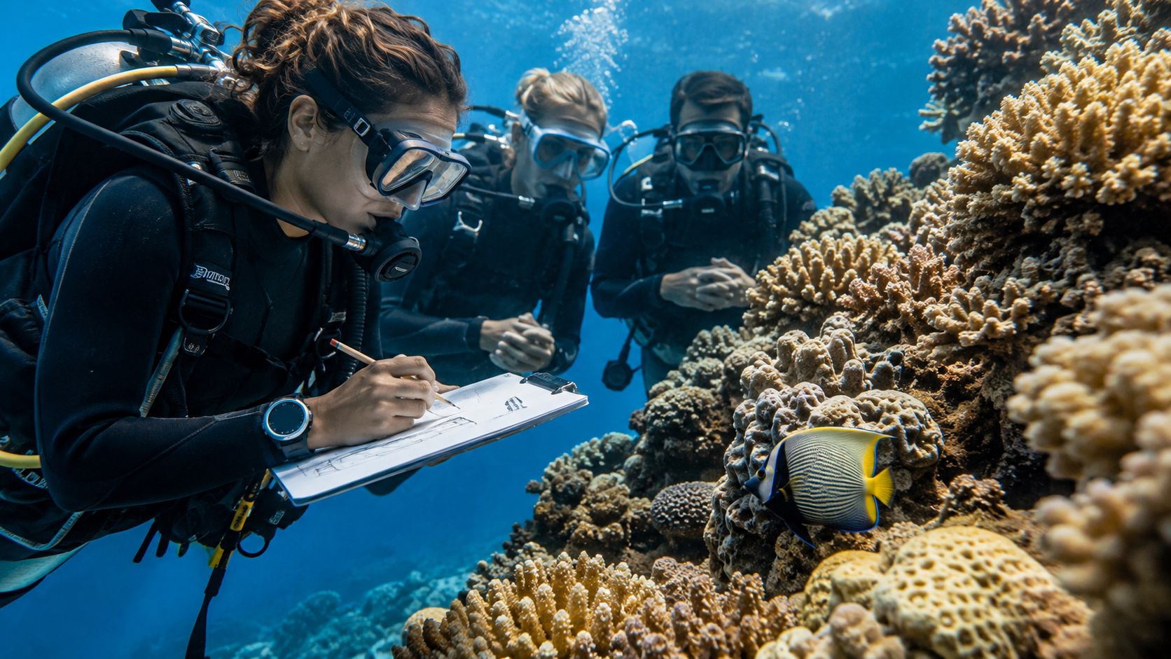 Scuba divers observing and documenting coral reef life with underwater notes near Cozumel, Mexico.