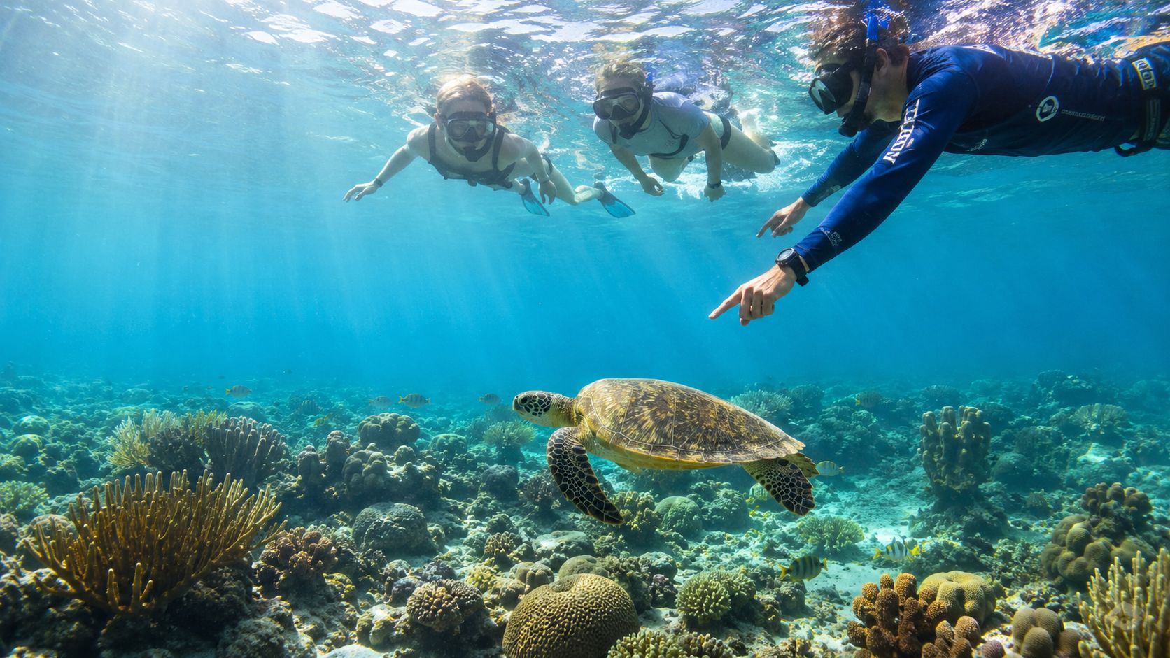 Three snorkelers observing a large sea turtle while exploring a vibrant coral reef in clear blue water.